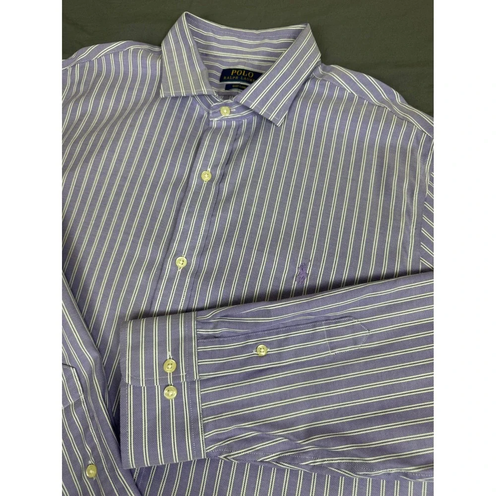 Polo Ralph Lauren Mens 18 34/35 Easy Care Striped Button Up Shirt Purple White